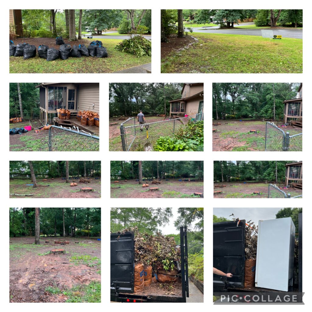 Collage of several yards with piles of trash bags and other yard waste being cleaned by our team